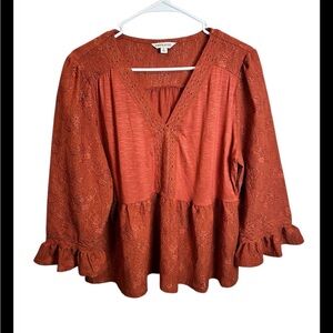 Frye & Co Burnt Orange Peplum Peasant Style Top Size Large